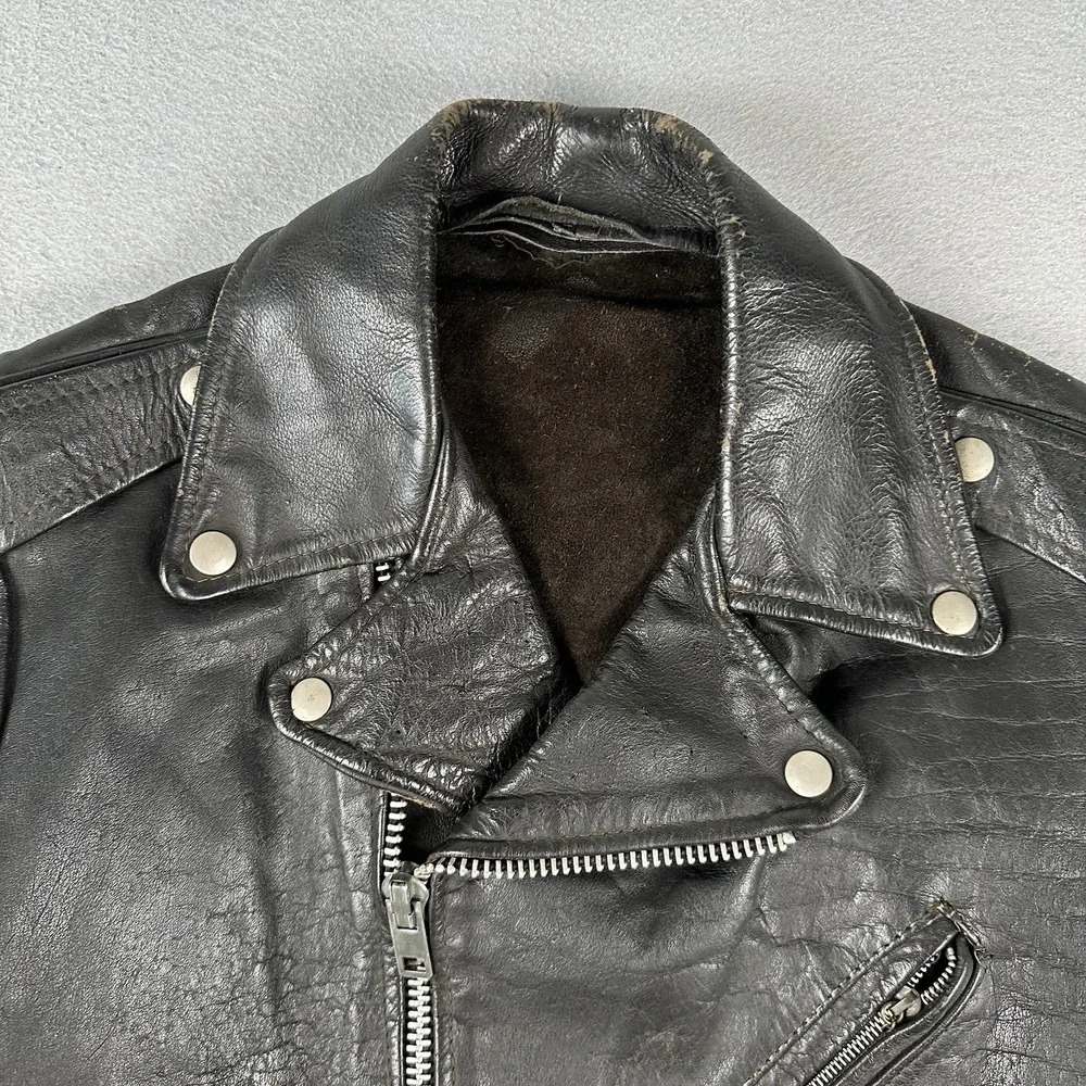Vintage 60s 70s Leather Motorcycle Jacket Men's 40 Black Unlined Belted Biker